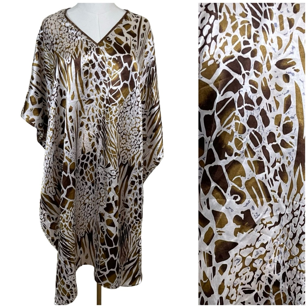Vintage Winlar Animal Print Kaftan Dress One Size Brown Satin V-Neck Resort MuMu